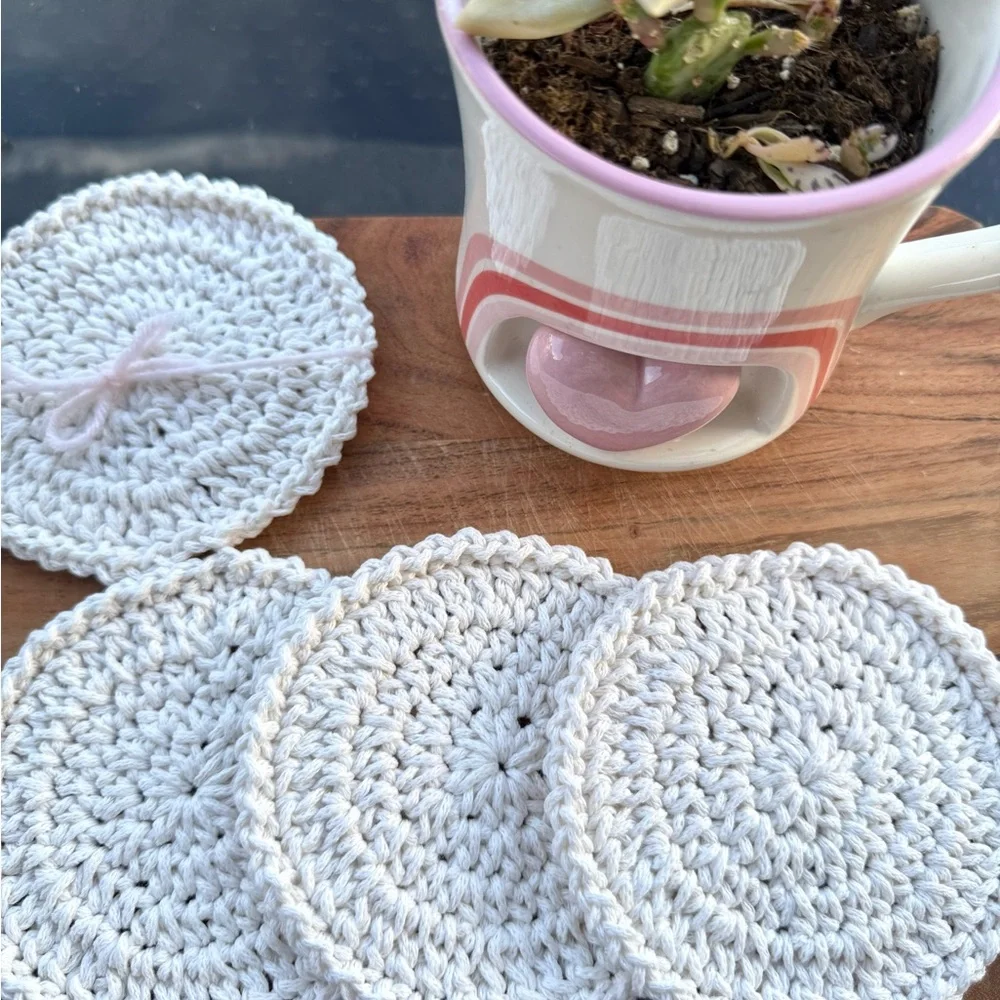 Handmade Crochet Coaster Set – Neutral Cotton Drink Coasters (Set of 4)